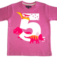T-shirt pour enfant Bubblegum Pink Dino Birthday Bash avec imprimé blanc, rose et jaune
