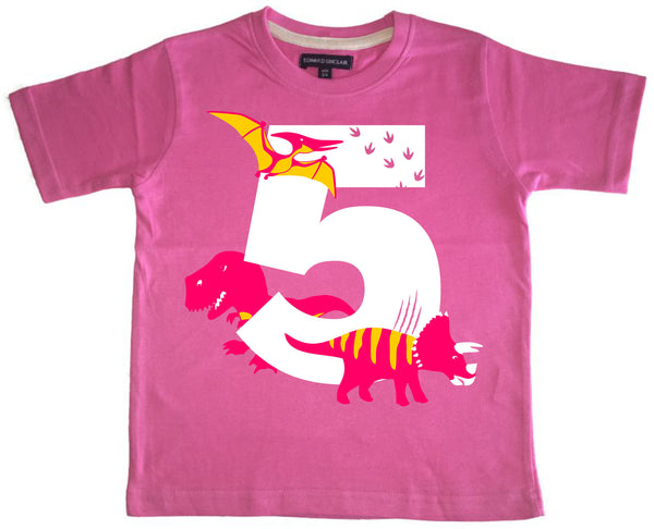 T-shirt pour enfant Bubblegum Pink Dino Birthday Bash avec imprimé blanc, rose et jaune