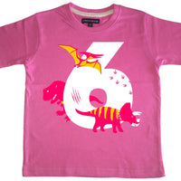 T-shirt pour enfant Bubblegum Pink Dino Birthday Bash avec imprimé blanc, rose et jaune