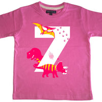 T-shirt pour enfant Bubblegum Pink Dino Birthday Bash avec imprimé blanc, rose et jaune