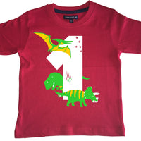 Red Dino Birthday Bash Children's T-Shirt with White, Green and Yellow Print