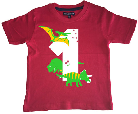 T-shirt enfant rouge Dino Birthday Bash avec imprimé blanc, vert et jaune