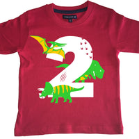 Red Dino Birthday Bash Children's T-Shirt with White, Green and Yellow Print