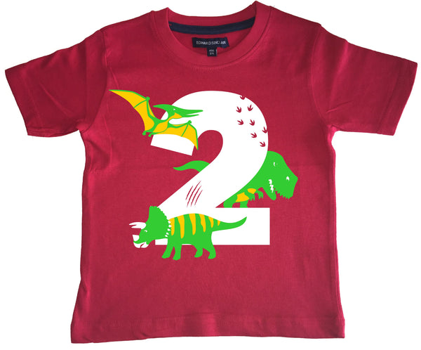 T-shirt enfant rouge Dino Birthday Bash avec imprimé blanc, vert et jaune
