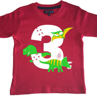 Red Dino Birthday Bash Children's T-Shirt with White, Green and Yellow Print