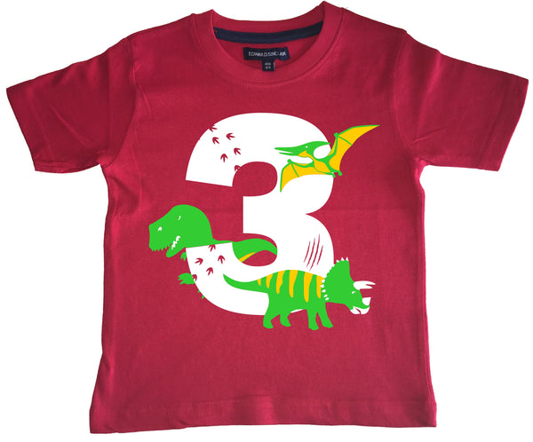 T-shirt enfant rouge Dino Birthday Bash avec imprimé blanc, vert et jaune