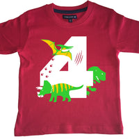 Red Dino Birthday Bash Children's T-Shirt with White, Green and Yellow Print