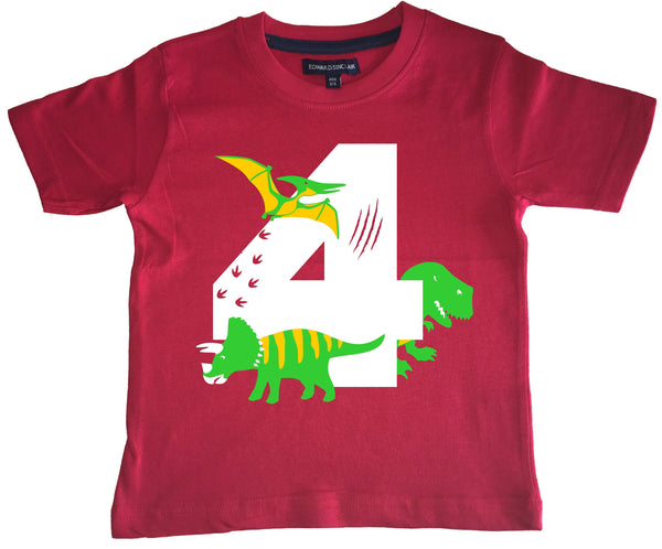 T-shirt enfant rouge Dino Birthday Bash avec imprimé blanc, vert et jaune