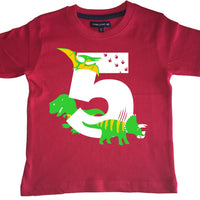 Red Dino Birthday Bash Children's T-Shirt with White, Green and Yellow Print