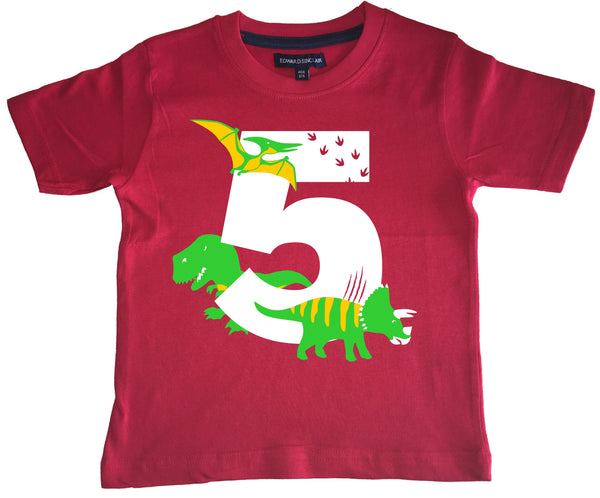 T-shirt enfant rouge Dino Birthday Bash avec imprimé blanc, vert et jaune