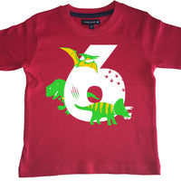 Red Dino Birthday Bash Children's T-Shirt with White, Green and Yellow Print