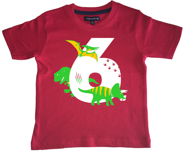 T-shirt enfant rouge Dino Birthday Bash avec imprimé blanc, vert et jaune