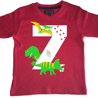 Red Dino Birthday Bash Children's T-Shirt with White, Green and Yellow Print
