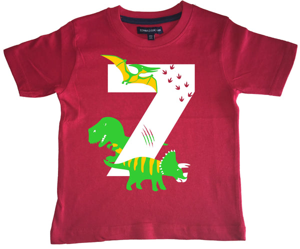 T-shirt enfant rouge Dino Birthday Bash avec imprimé blanc, vert et jaune