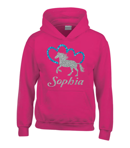 Sweat à capuche Horsey and Heart personnalisé avec imprimé scintillant scintillant 
