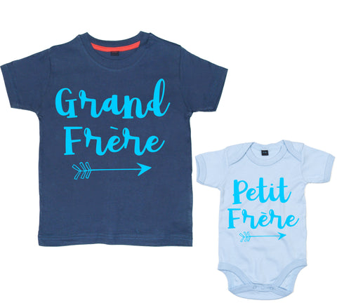 Arrow T-shirt Marine Grand Frère &amp; Petit Frère et Body Bébé Bleu Ciel