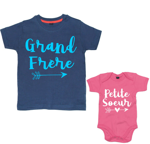 Arrow T-shirt Marine Grand Frère &amp; Petite Soeur et Body Bébé Rose Bubblegum