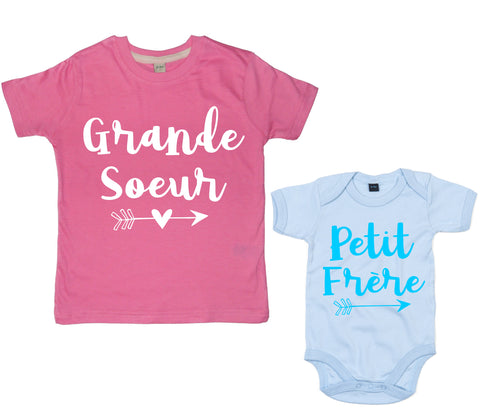 Arrow T-shirt Rose Bubbleum Grande Soeur &amp; Petit Frère et Body Bébé Bleu Ciel