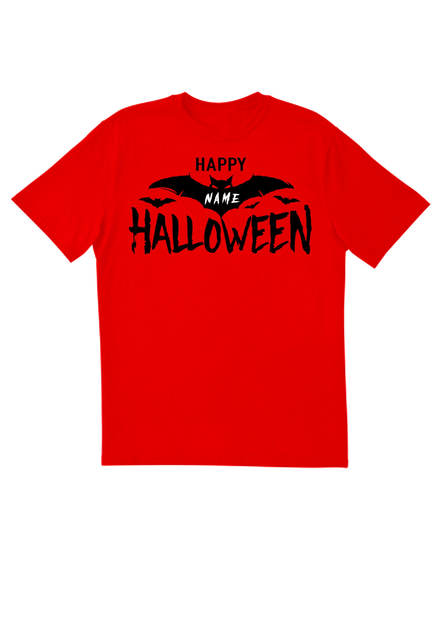 T-shirt rouge personnalisé Happy Halloween with Name pour enfant avec un imprimé blanc et noir