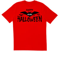 T-shirt rouge personnalisé Happy Halloween with Name pour enfant avec un imprimé blanc et noir