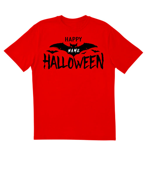 T-shirt rouge personnalisé Happy Halloween with Name pour enfant avec un imprimé blanc et noir