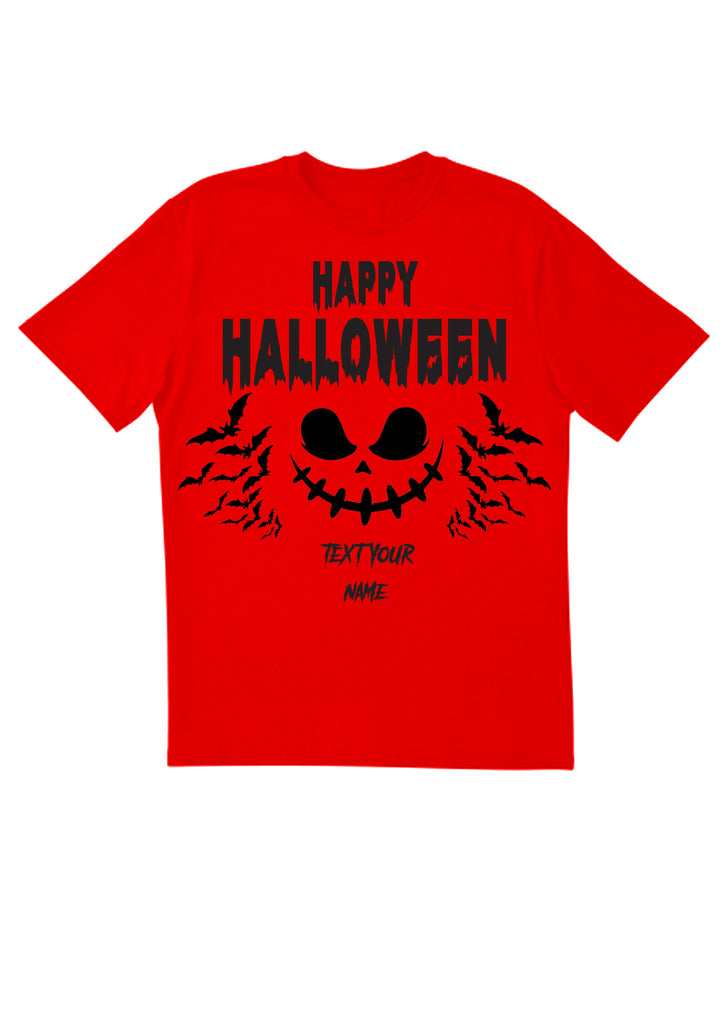 T-shirt rouge personnalisé Happy Halloween (D2) avec prénom pour enfant avec imprimé noir