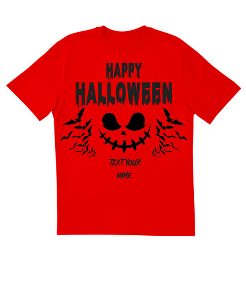 T-shirt rouge personnalisé Happy Halloween (D2) avec prénom pour enfant avec imprimé noir