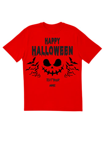 T-shirt rouge personnalisé Happy Halloween (D2) avec prénom pour enfant avec imprimé noir