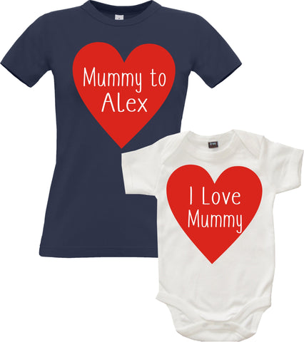 Ensemble t-shirt ajusté personnalisé 'Mummy To...' et body bébé 'I Love Mummy' 