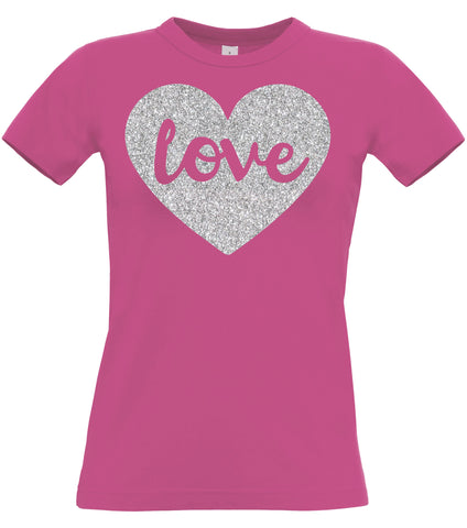 Love T-shirt ajusté pour femme avec imprimé argenté étincelant 