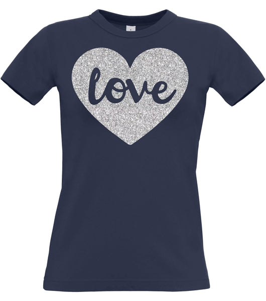Love T-shirt ajusté pour femme avec imprimé argenté étincelant 