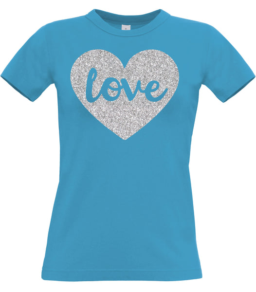 Love T-shirt ajusté pour femme avec imprimé argenté étincelant 