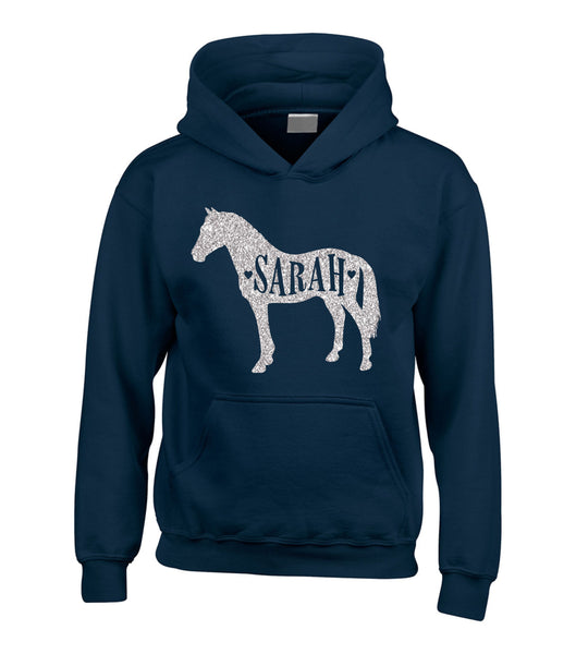 Personalised Name in Horse Hoodie with Sparkling Glitter Print