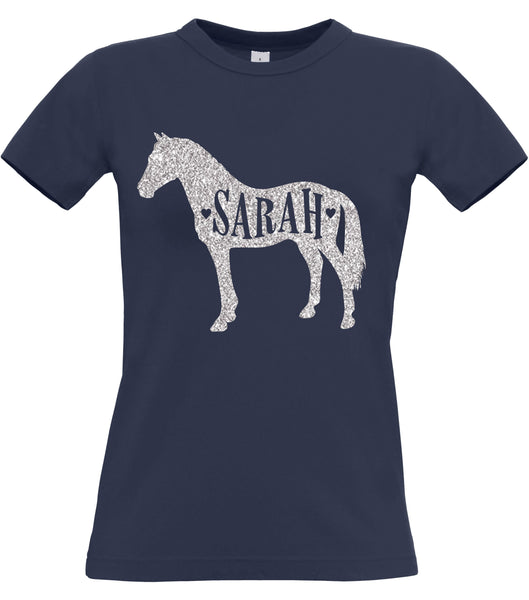 Personalised Name in Horse Women's Fitted T Shirt with Sparkling Glitter Print