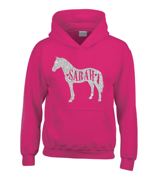 Personalised Name in Horse Hoodie with Sparkling Glitter Print
