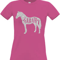 Personalised Name in Horse Women's Fitted T Shirt with Sparkling Glitter Print