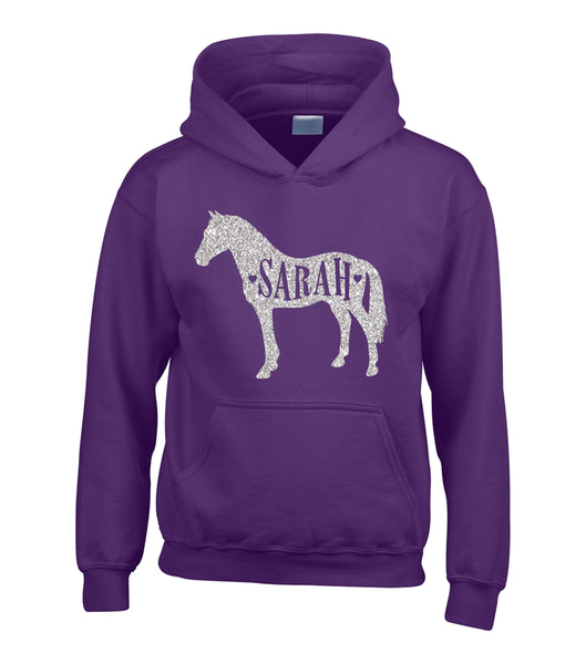 Personalised Name in Horse Hoodie with Sparkling Glitter Print