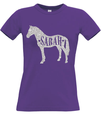 T-shirt ajusté pour femme avec nom personnalisé dans le cheval avec imprimé scintillant scintillant 