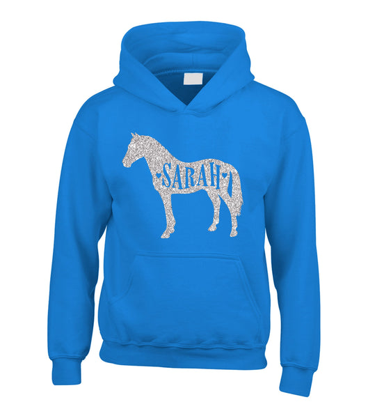 Personalised Name in Horse Hoodie with Sparkling Glitter Print