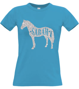 Personalised Name in Horse Women's Fitted T Shirt with Sparkling Glitter Print