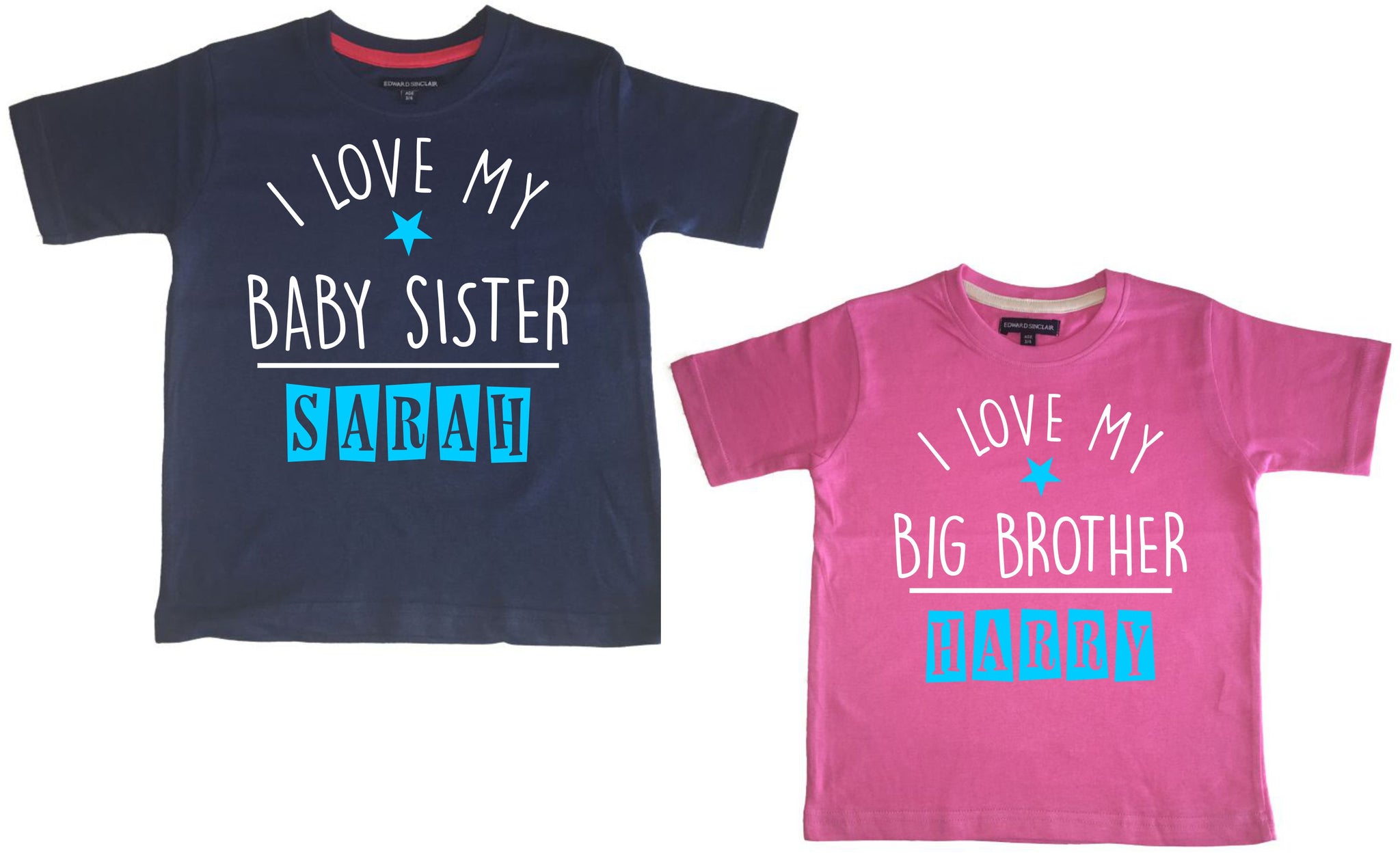 Personalised Navy I Love My Baby Sister and Bubblegum Pink I love My Big Brother T-Shirt Set