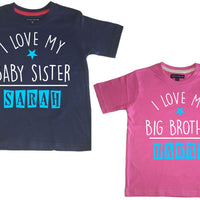 Ensemble de t-shirts personnalisés bleu marine I Love My Baby Sister et Bubblegum Pink I love My Big Brother 