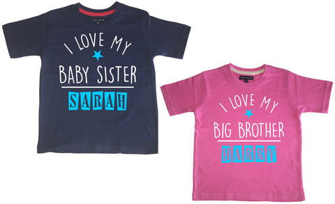 Ensemble de t-shirts personnalisés bleu marine I Love My Baby Sister et Bubblegum Pink I love My Big Brother 