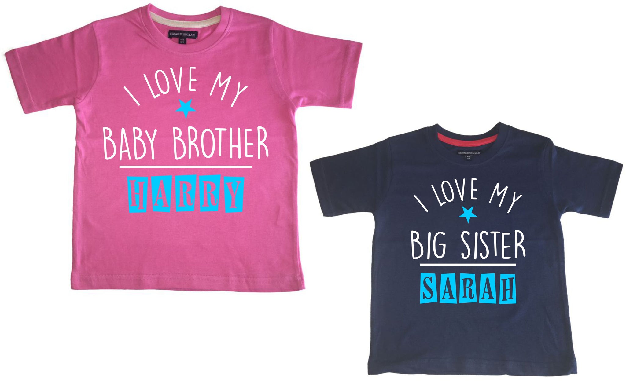 Personalised Bubblegum Pink I love My Baby Brother and Navy I love My Big Sister T-Shirt Set