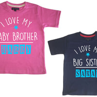 Rose Bubblegum personnalisé J'aime mon petit frère et bleu marine J'aime mon ensemble de t-shirts Big Sister 