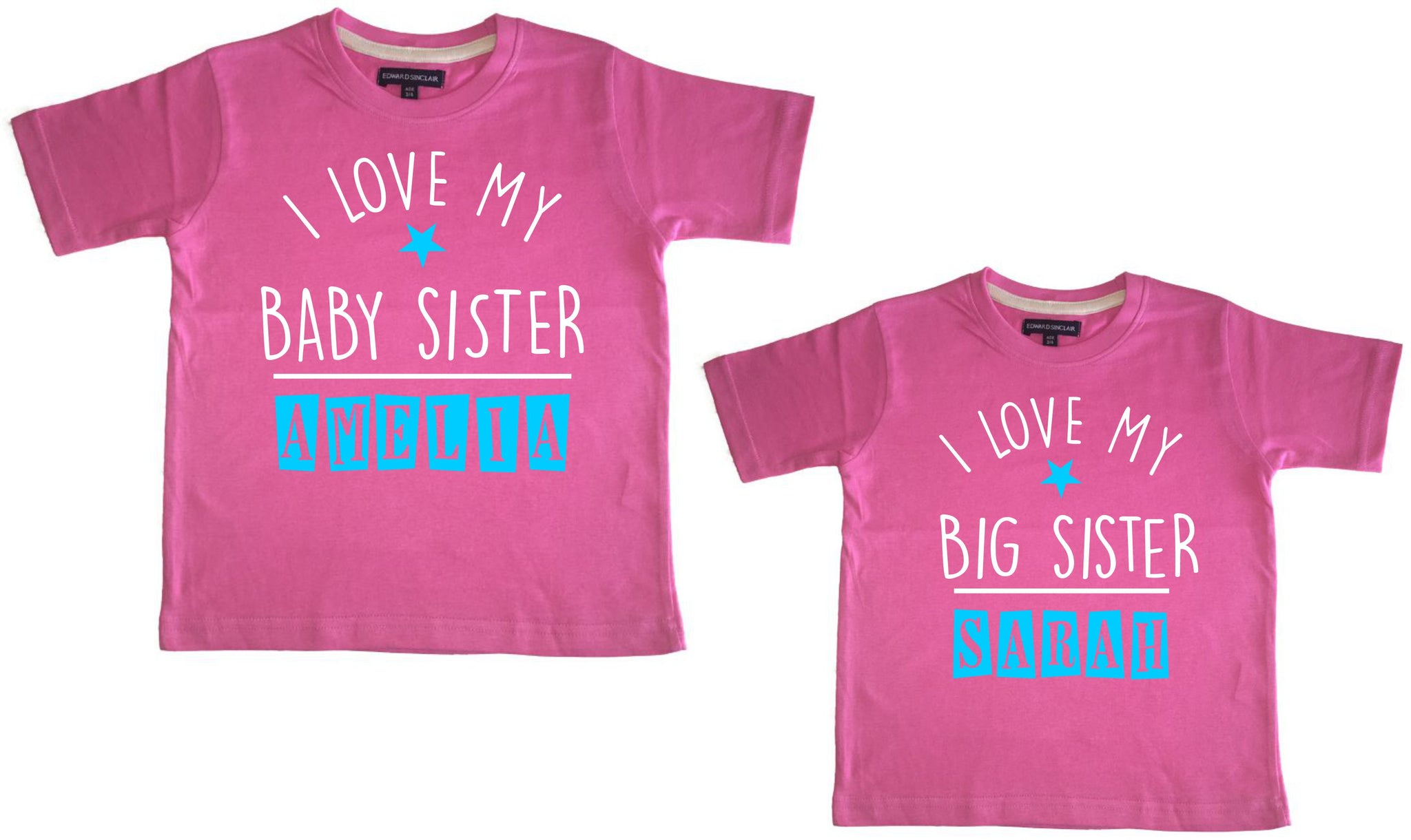 Personalised I Love My Baby Sister and I Love My Big Sister T-Shirt Set