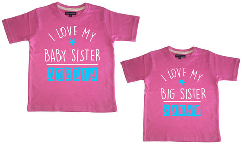 Ensemble de t-shirts personnalisés J'aime ma petite soeur et J'aime ma grande soeur 