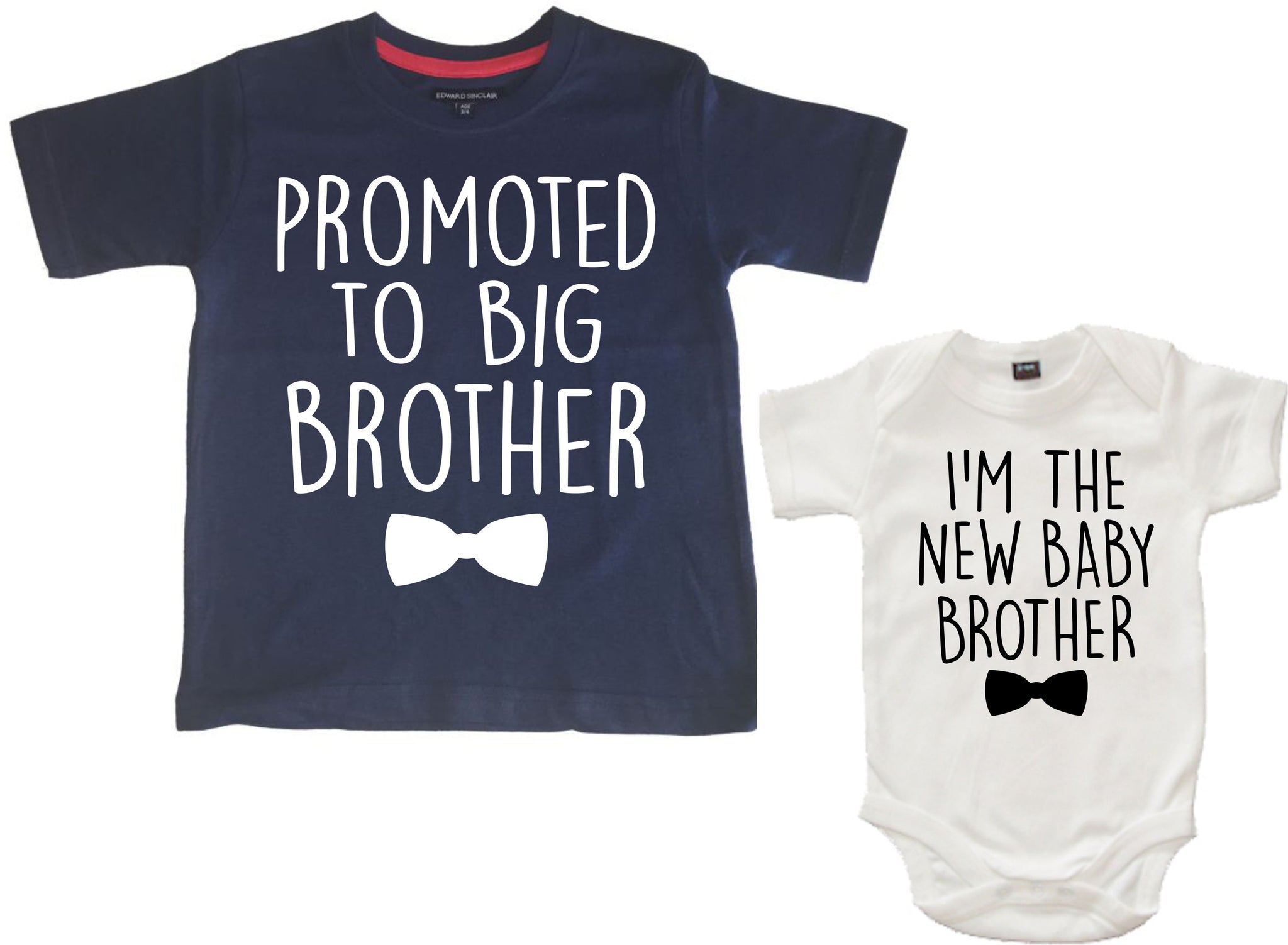 Promoted to Big Brother Navy T-Shirt and New Baby Brother White Bodysuit  Set