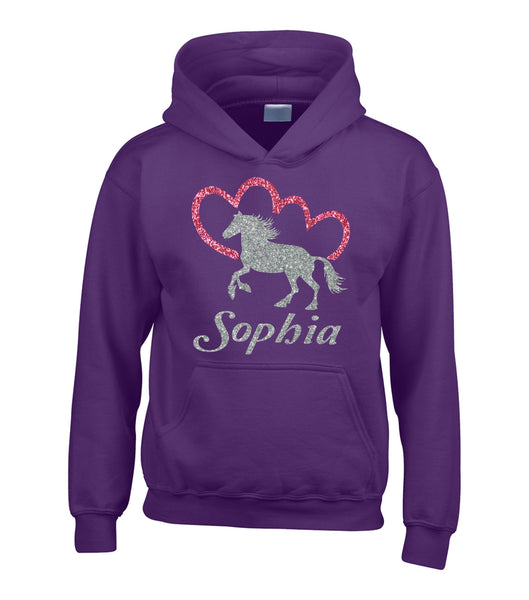 Sweat à capuche Horsey and Heart personnalisé avec imprimé scintillant scintillant 
