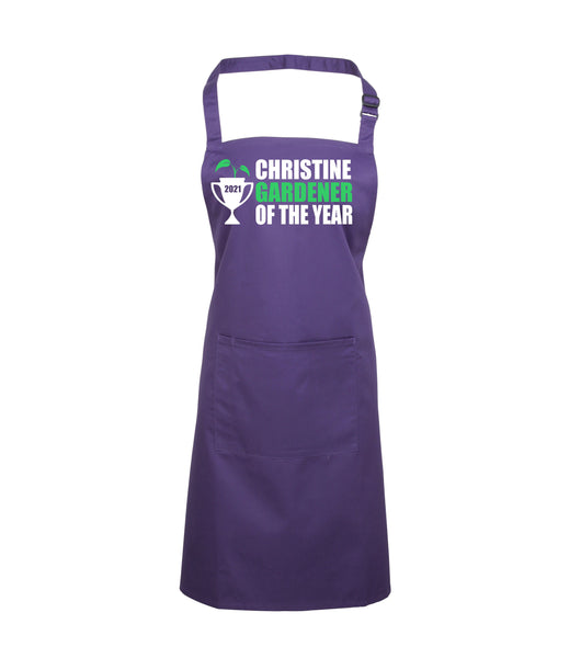 Personalised Gardener of The Year Apron with Green and White Print